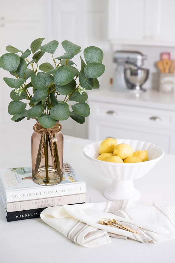Briful Artificial Eucalyptus Stems in Teal Glass Vase - Image 4