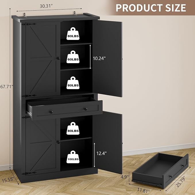BORNOON Pantry Organizers and Storage Cabinet, 67.7” Barn Door White Kitchen - Image 2