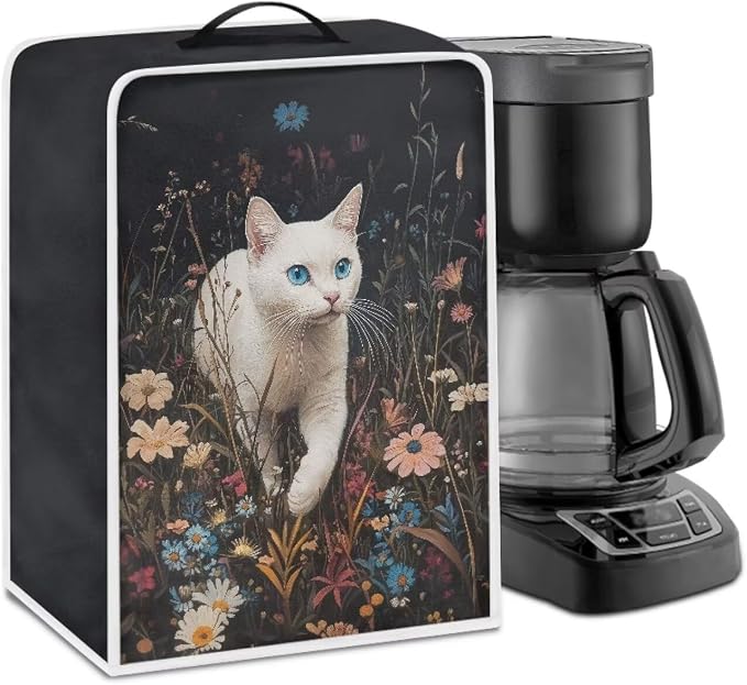 White Cat Flower Coffee Machine Covers by Kathyboom