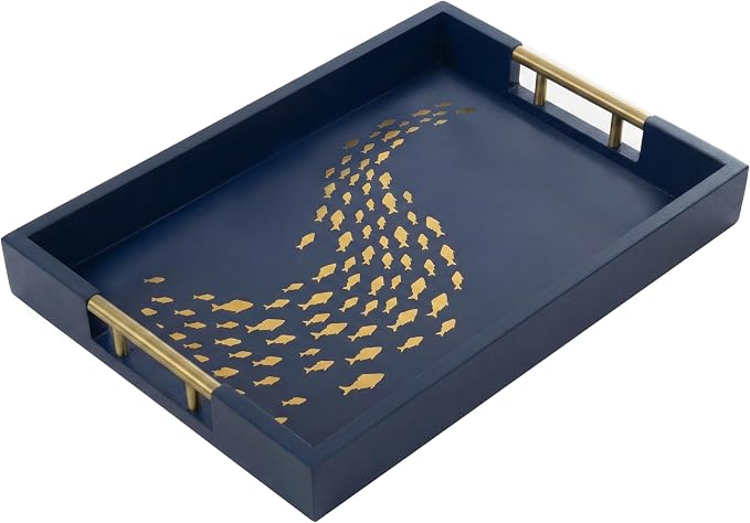 Navy Serving Tray with School of Golden Fish Design Gothic Ottoman Tray by Death+Decor
