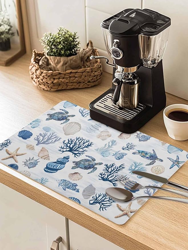 Oceans Sealife Coffee Mat Sea Turtles Corals Stars Shells Texture Absorbent Bar by Unknown