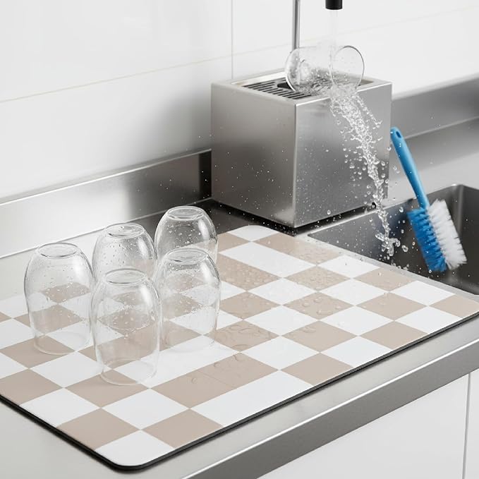 1-Piece Checkered Dish Drying Mat, Absorbent ​Kitchen Counter​ Protector - Image 2