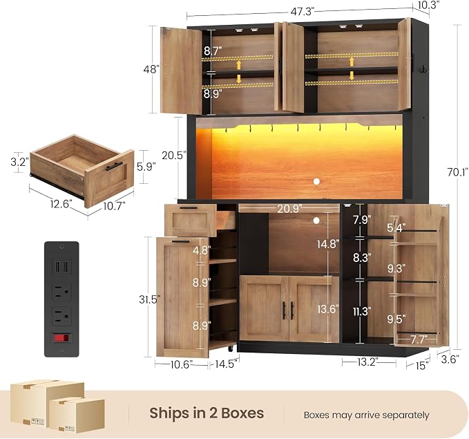 Itaar 71" Pantry Cabinet with Charging Station and LED Light, Kitchen Pantry - Image 2