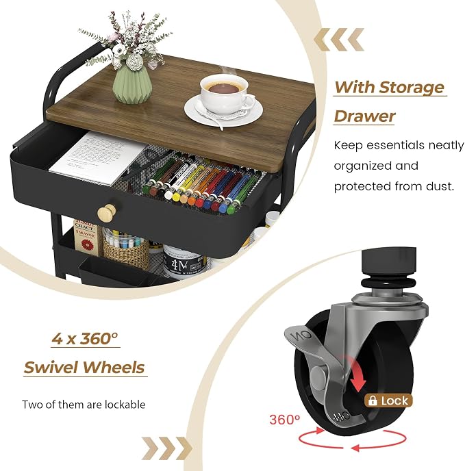danpinera Rolling Cart with Drawers, Hooks & Hanging Cups - Image 3