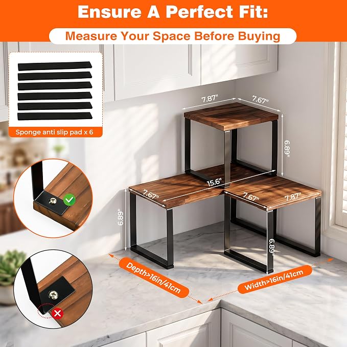 Countertop Organizer Corner Shelf, Wooden 2 Tier Stackable Kitchen Counter - Image 2