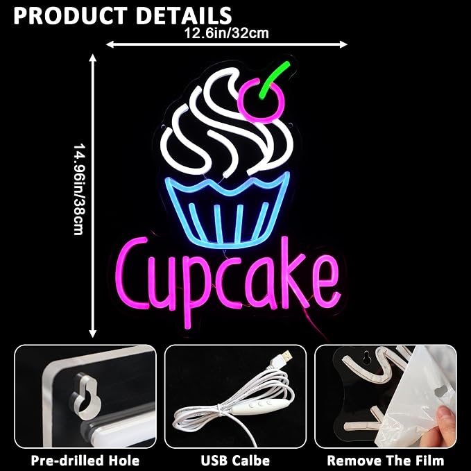 Cupcake Neon Sign for Wall Decor, 14.96''x 12.6'' Led Sign for Business - Image 2