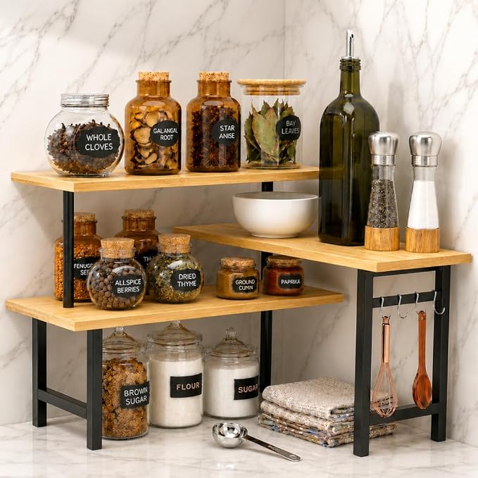 Bamboo Corner Organizer, 3-Tier Countertop Shelf by TenovuSupply