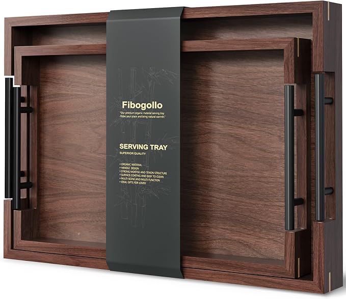 Fibogollo Walnut Wood Set of 2 Serving Tray by Fibogollo