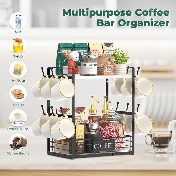 EsLuker.ly Coffee Mug Cup Holder Tree Bar Station Organizer, 2 Tier Mug Stand - Image 4