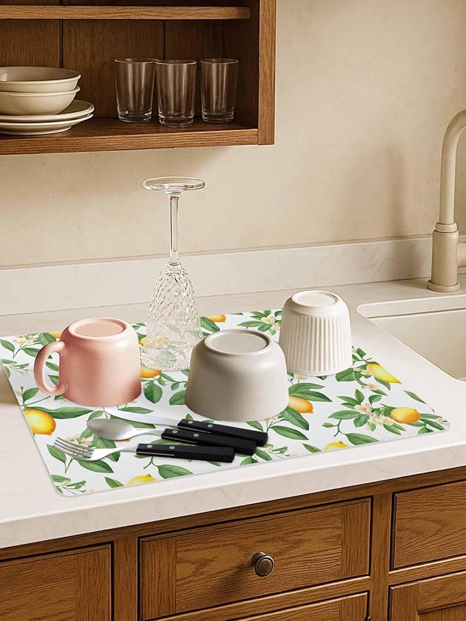 Lemon with Coffee Mat Green Leaves Flowers Absorbent Bar Mat - Image 4