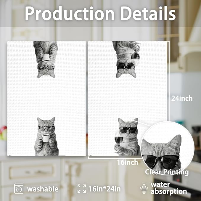 Orange Cat Gifts Coffee Wine Kitchen Towels Set of 2, Coffee Kitty Dish Tea - Image 7