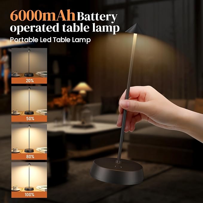 Rechargeable Cordless Small Table Lamp, 6000mAh Battery Operated, LED Touch - Image 4