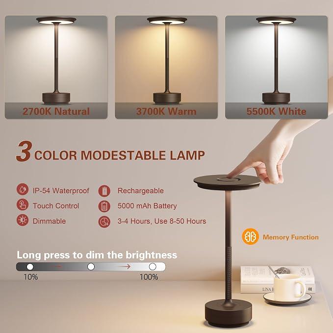 Cordless Table Lamp, Rechargeable 5000mAh Outdoor LED Table Lamp, 3 Levels - Image 2