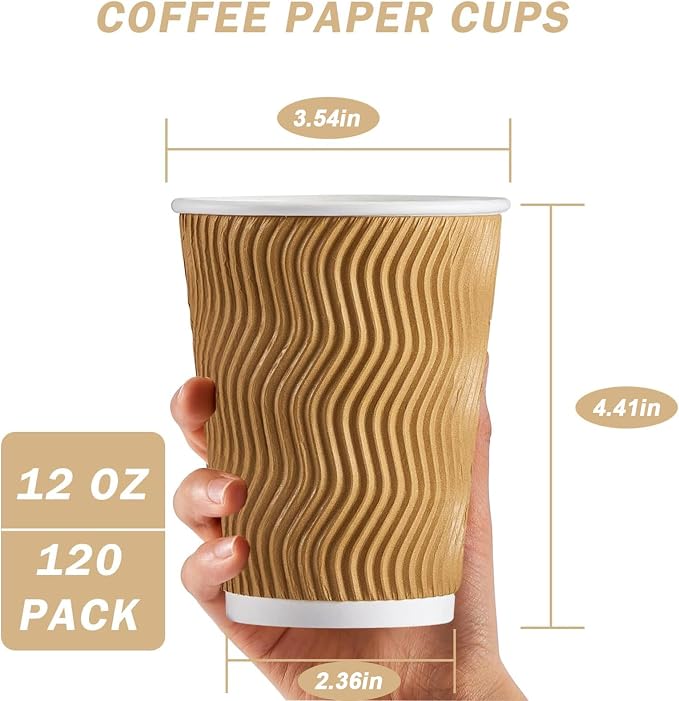 Clawsoff 120 Pack 12 oz Coffee Cups, Disposable Corrugated Insulated Ripple - Image 2