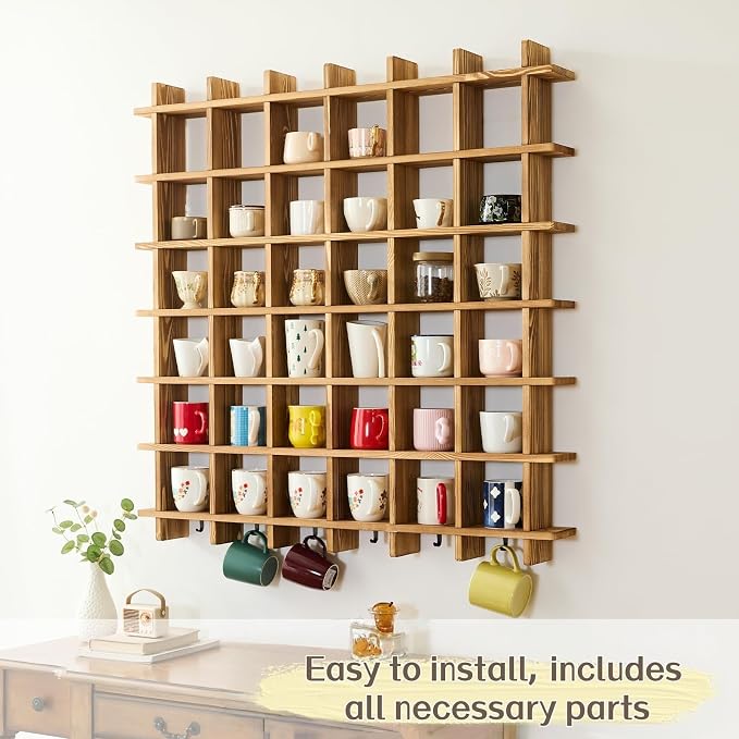 Oversize Coffee Mug Display Rack, 41 x 41 Inch Wooden Mug Shelf - Image 6