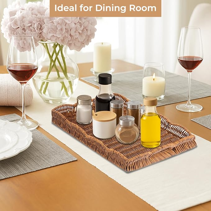 Rectangle Wicker Scalloped Tray, Hand Woven Synthetic Rattan Serving Tray - Image 2