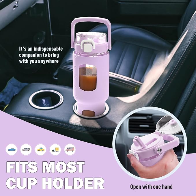 BLUEGO 32oz Glass Tumbler with Lid and Handle, Iced Coffee Cup with Straws - Image 5
