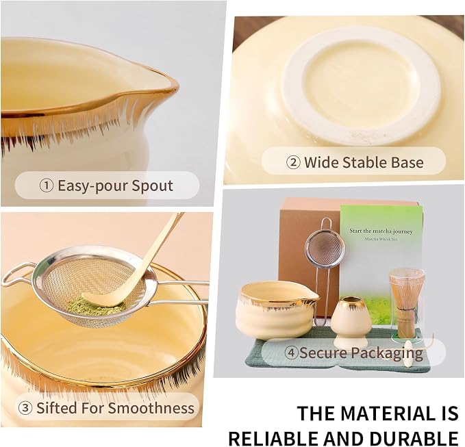 7-Piece Matcha Whisk Set – Yellow Spouted Ceramic Bowl - Image 5