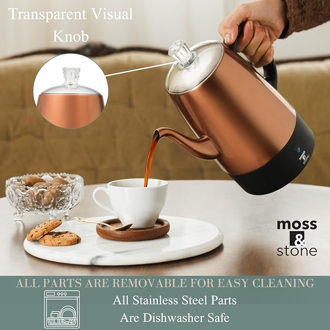 Moss & Stone 10 Cup Copper Percolator Coffee Pot Electric, Stainless Steel - Image 4