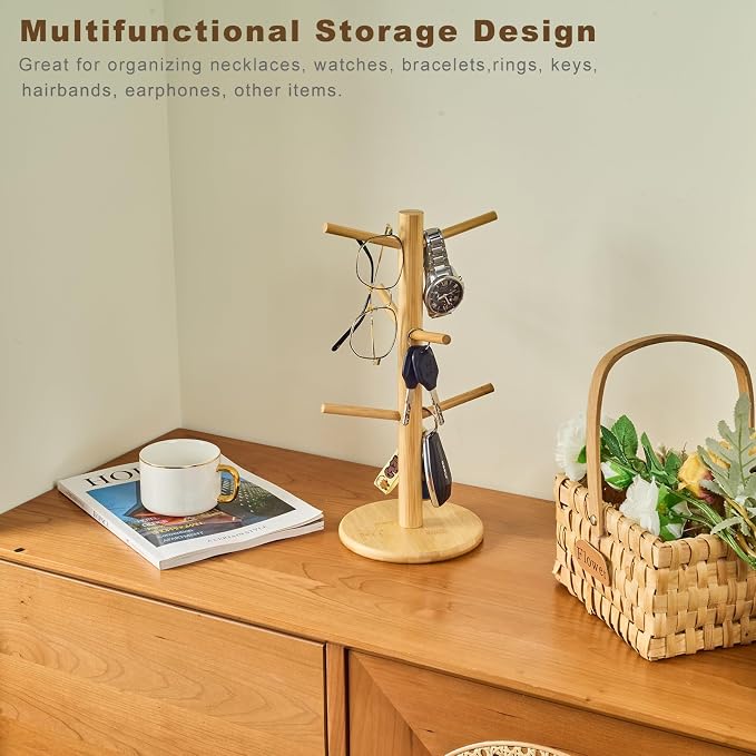 Bamboo Mug Tree for Counter, 6 Hooks Detachable Coffee Mug Holder, Decorative - Image 4