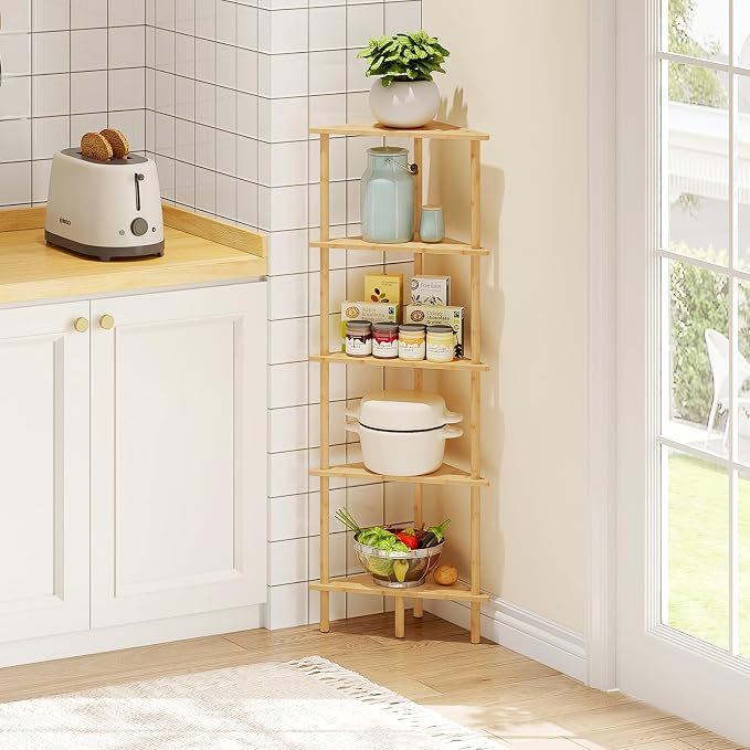 HOOBRO Corner Shelf Stand, 5-Tier Bamboo Corner Bookshelf, Plant Display Shelf - Image 6