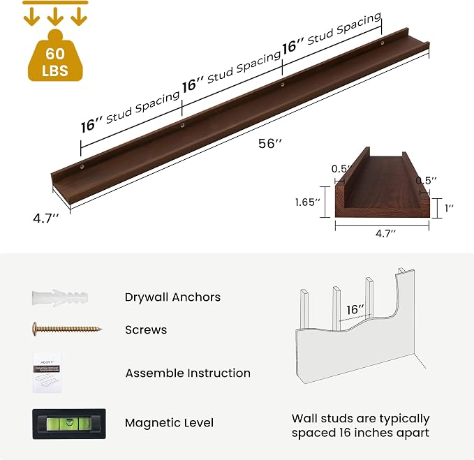 Acovy Solid Ash Wood Picture Ledge Shelf, Floating Shelves Set of 2, 56 Inch - Image 3