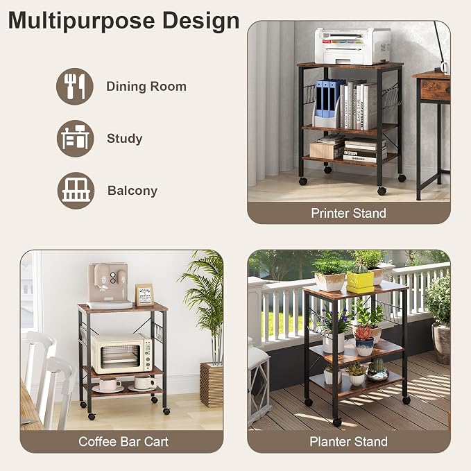 Giantex Kitchen Bakers Rack 3-Tier Microwave Cart on Wheels, Industrial Utility - Image 7