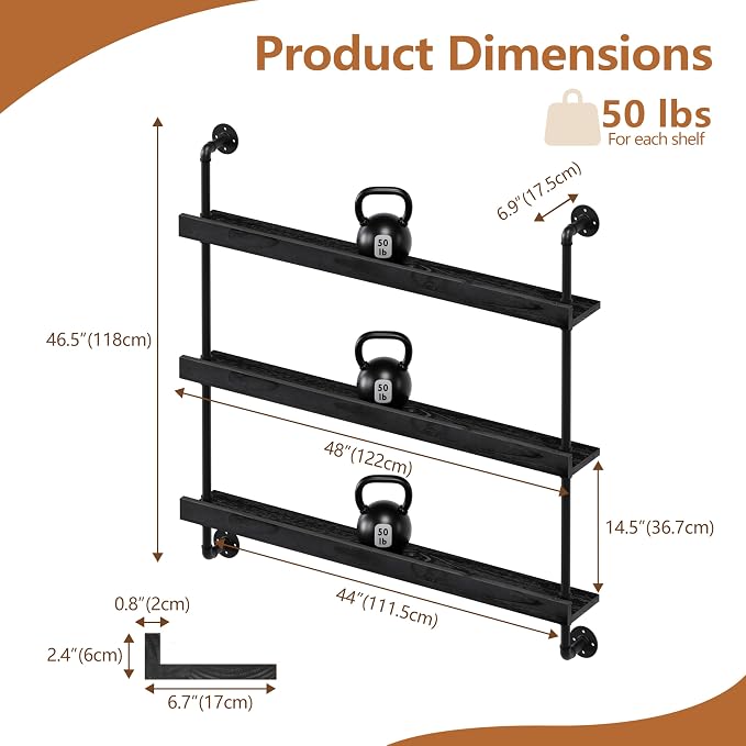 Wall Mounted Wine Rack with LED Light, LED Industrial Pipe Liquor Bar Shelves - Image 2