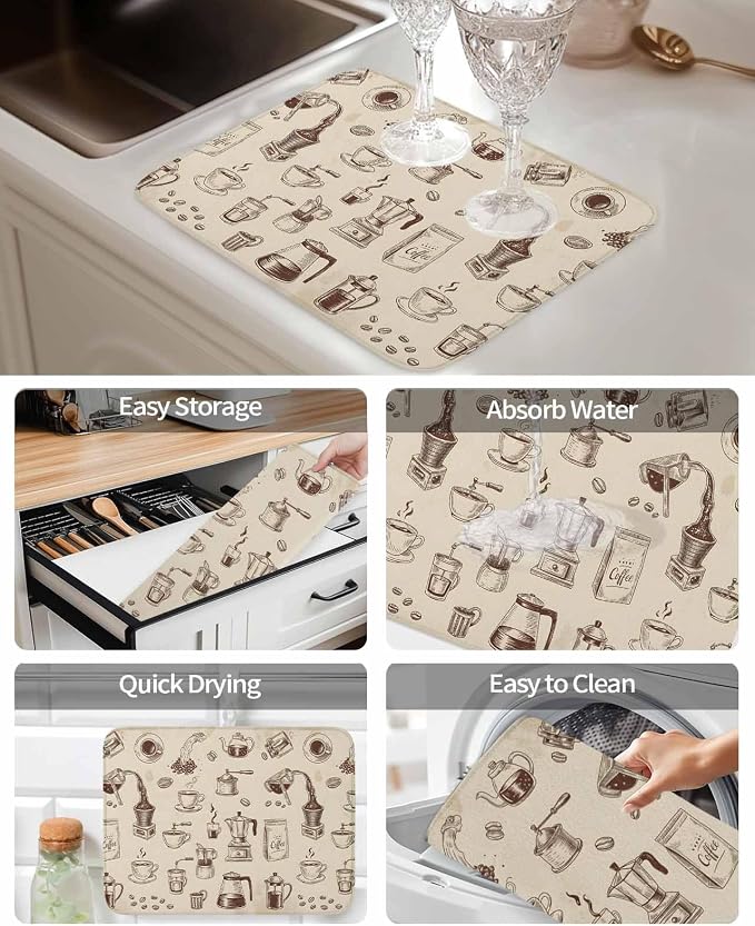 Coffee Dish Drying Mat 16x18 inch Vintage Coffee Beans Brewing Equipment Linen - Image 6
