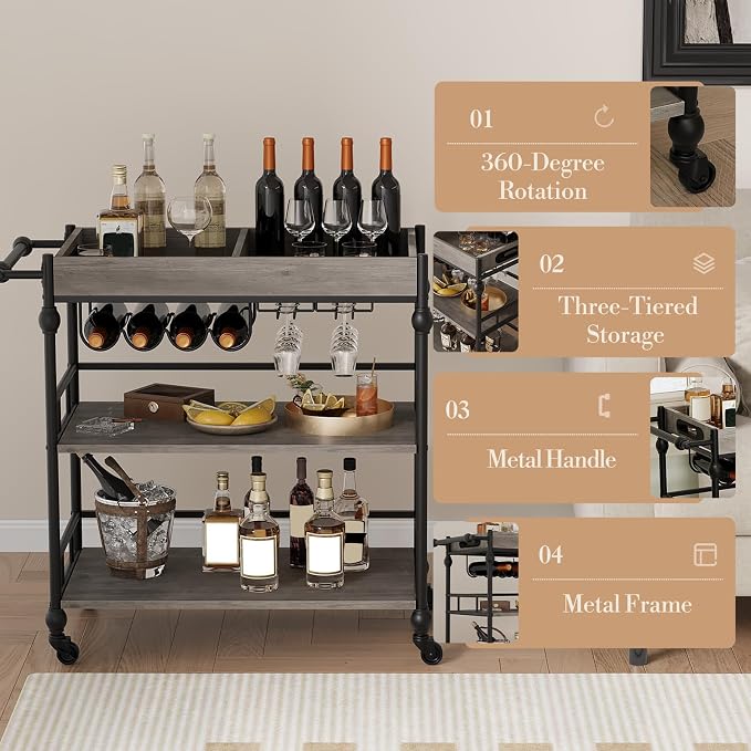IDEALHOUSE Bar Cart, 3 Tier Bar Carts - Image 4