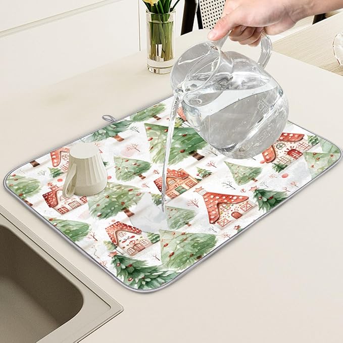 Xmax Green Trees And House Dish Drying Mat, Kitchen Counter Quick Dry Pads - Image 5