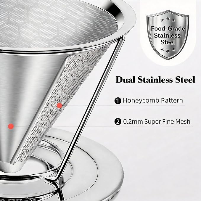 Vikuces®800 Mesh Reusable Pour Over Coffee Dripper, Metal Stainless Steel - Image 4