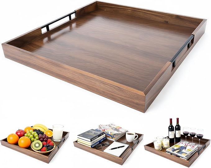 20 Inch Large Square Ottoman Tray, Premium Acacia Wooden Serving Tray by Unknown