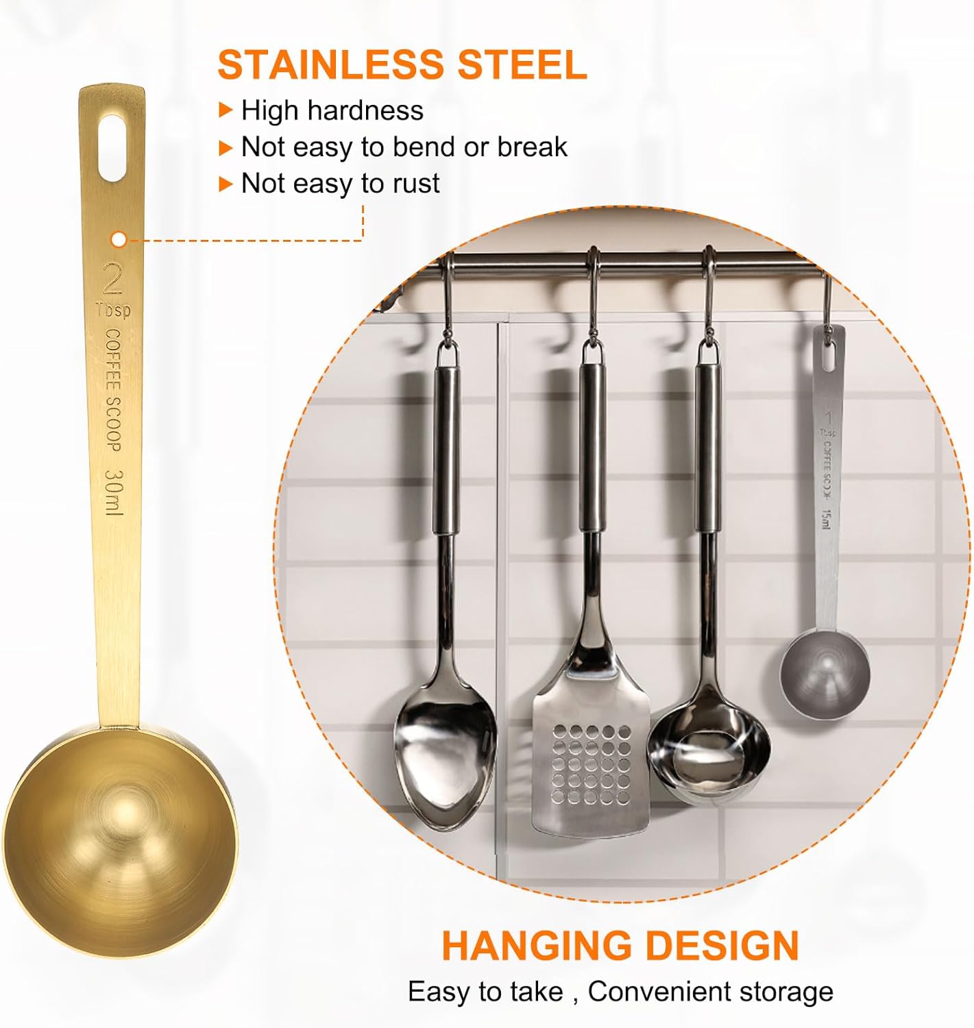 HARFINGTON 3pcs Coffee Scoop Spoon 2tbsp (6tsp, 30ml) 304 Stainless Steel Long Handle Teaspoon/Tablespoon Measuring Spoons Scoops for Tea Sugar Kitchen, Gold