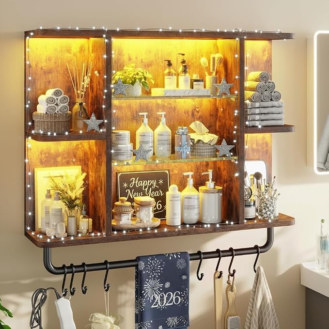 REIBII Floating Shelves with LED Lights, 7-Tier Wood Shelf, Wall Mounted by REIBII