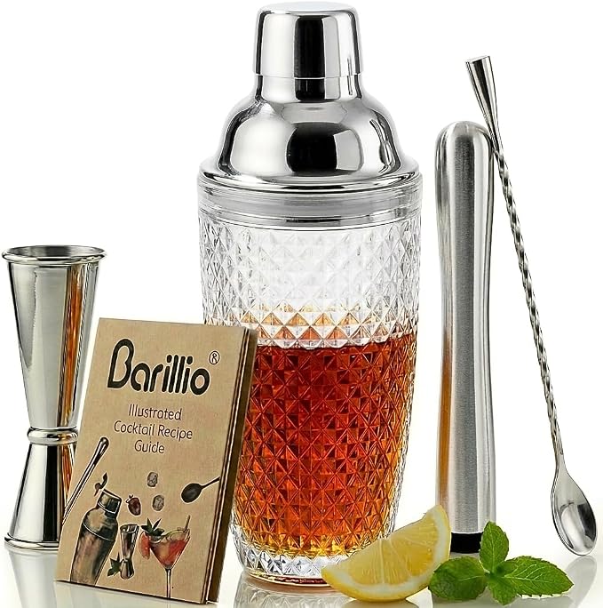 Barillio Glass Cocktail Shaker Set | 14 oz Cobbler Mixer by Barillio
