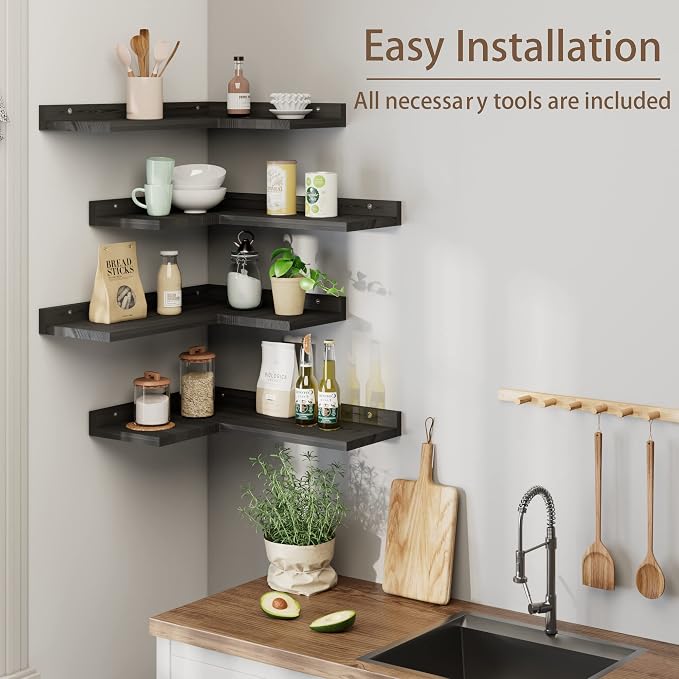 4 Tier Floating Corner Shelves Black Set of 4, Rustic Pine Wooden Floating - Image 4