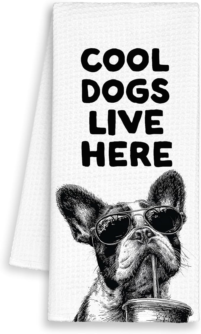 Funny Dog French Bulldog Kitchen Towels, Cool Dogs Live Here Dish Towel Gifts by Unknown