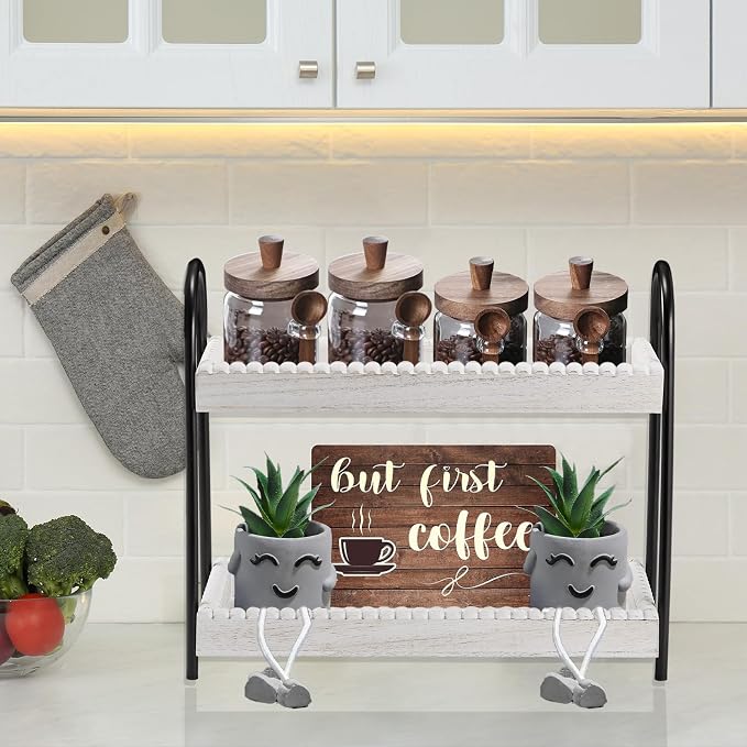 2 Tier Coffee Bar Organizer, Wood Coffee Bar Accessories Shelf - Image 6
