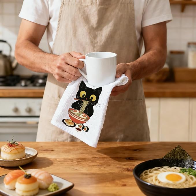 CUTHOLLOW Japanese Style Black Cat Decorative Kitchen Towels Set of 4, - Image 6