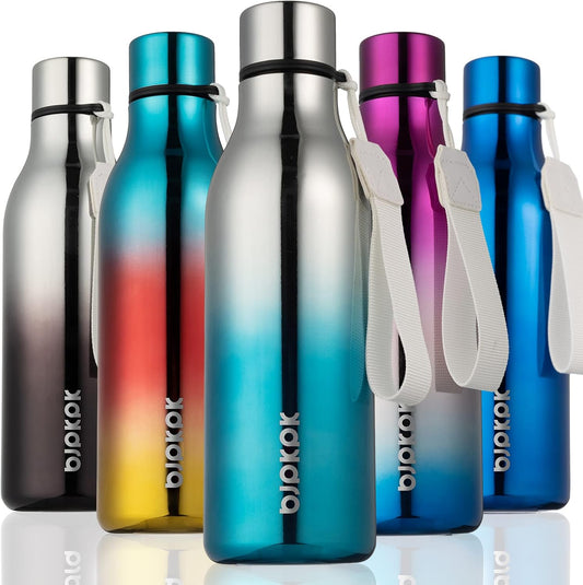 BJPKPK Insulated Water Bottles, 18 oz Stainless Steel Metal Water Bottle with Strap, BPA Free Leak Proof Thermos, Mugs, Flasks, Reusable Water Bottle for Sports & Travel, Blue Lagoon