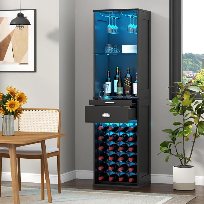 Loomie Wine Bar Cabinet with LED Lights, Kitchen Storage with Tray & Drawer & - Image 8