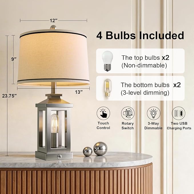 G-SAFAVA 24" Table Lamps for Living Room Bedroom Modern Metal Bedside Lamps Set - Image 4