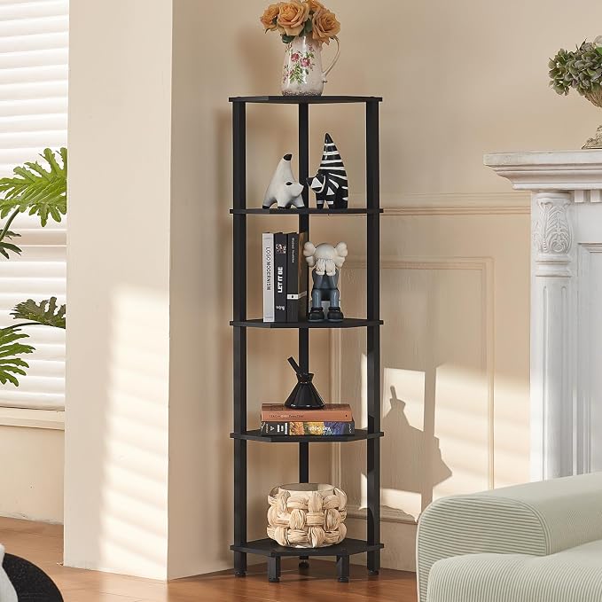 YUFAM 5-Tier Corner Shelf with Sturdy 5-Leg Base, Wooden Corner Bookshelf by YUFAM