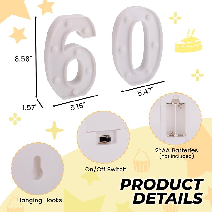 60th Birthday Decoration Light Up Letters, Battery Powered LED Numbers Marquee - Image 2