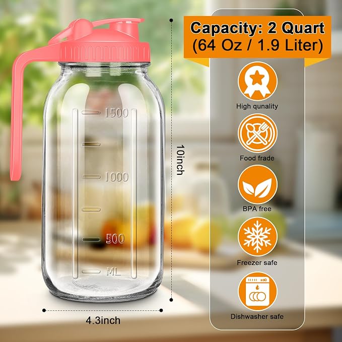 64oz Glass Pitcher with Lid, 2 Quart Mason Jar Pitchers with Lid and Spout - Image 2