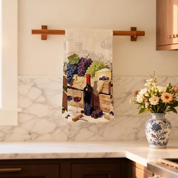 CUTHOLLOW Red Wine and Grapes Pattern Decorative Kitchen Towels Set of 4 - Image 7