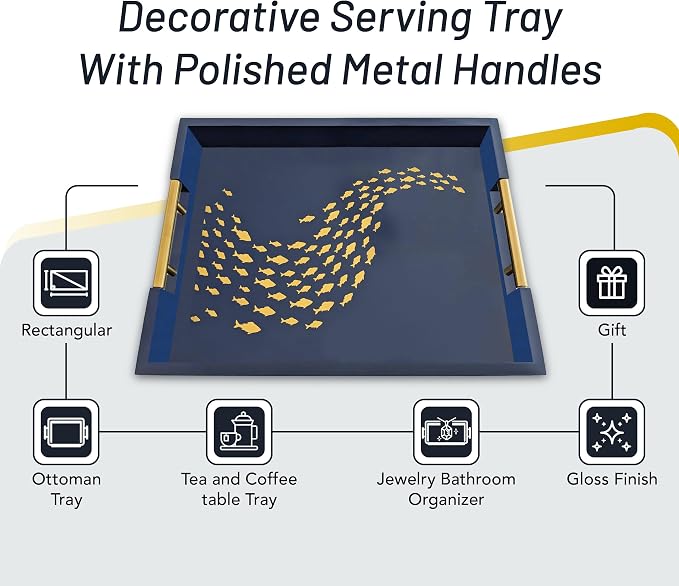 Navy Serving Tray with School of Golden Fish Design Gothic Ottoman Tray - Image 8