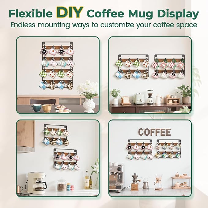 EsLuker.ly Mug Holder Hanger Rack Wall Mounted Wooden 2 Pack Coffee Cup Storage - Image 4