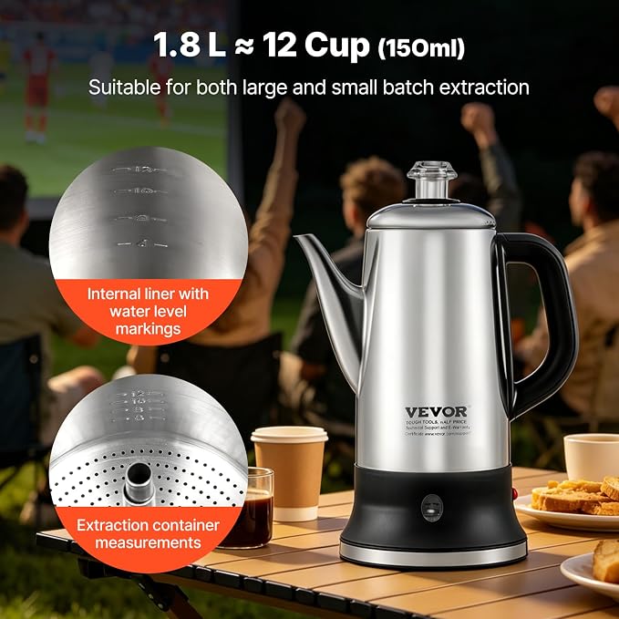 VEVOR 12-Cup Electric Percolator Coffee Pot, 304 Stainless Steel Body Coffee - Image 2